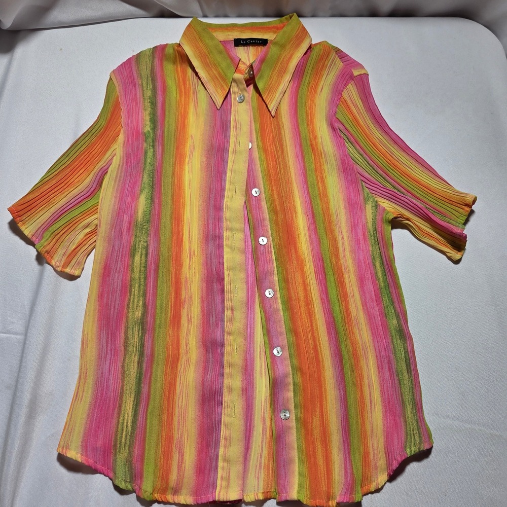 Le Caviar Womens Short Sleeve Pleated Button Down Shirt Multi Color Stripe Top